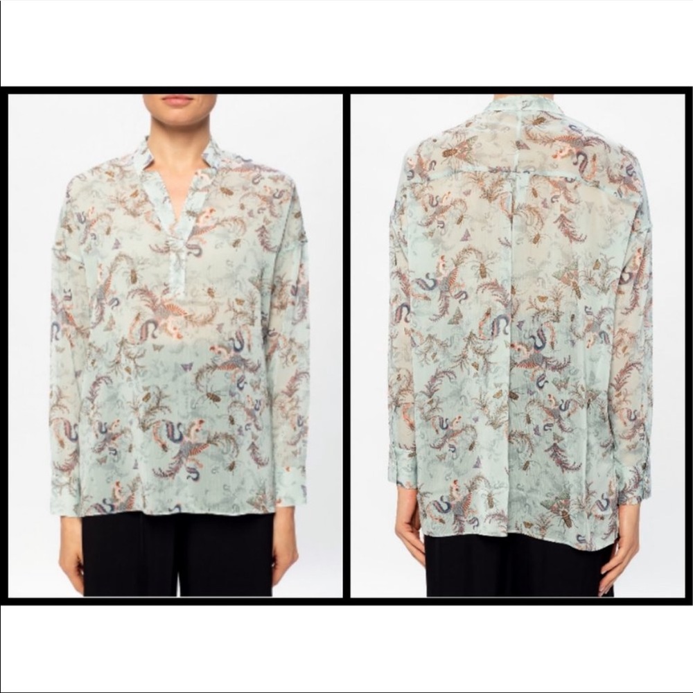 Mint green Allsaints sheer shirt. Paisley, birds images. Pullover open neck sz 4